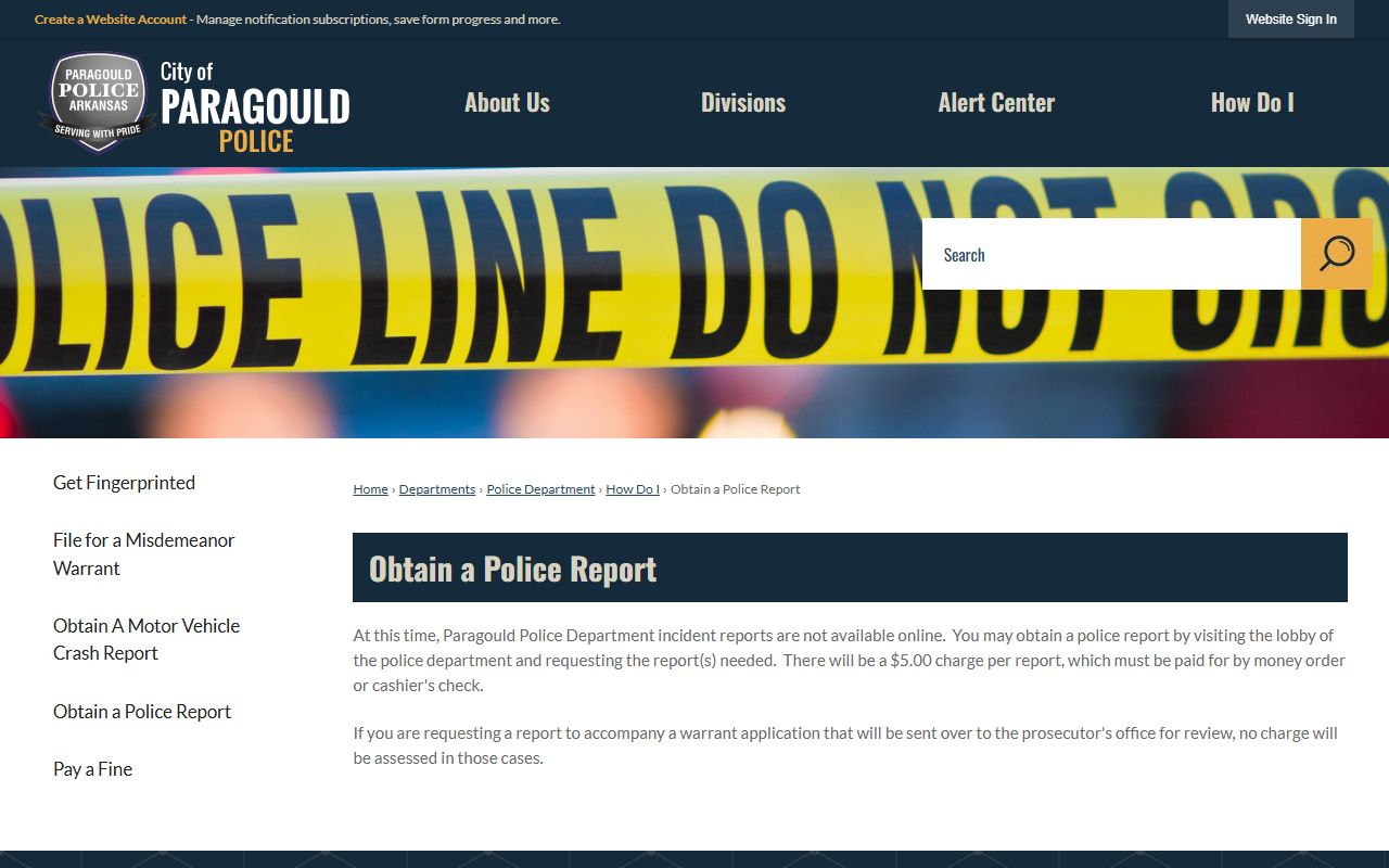 Paragould police department report request page