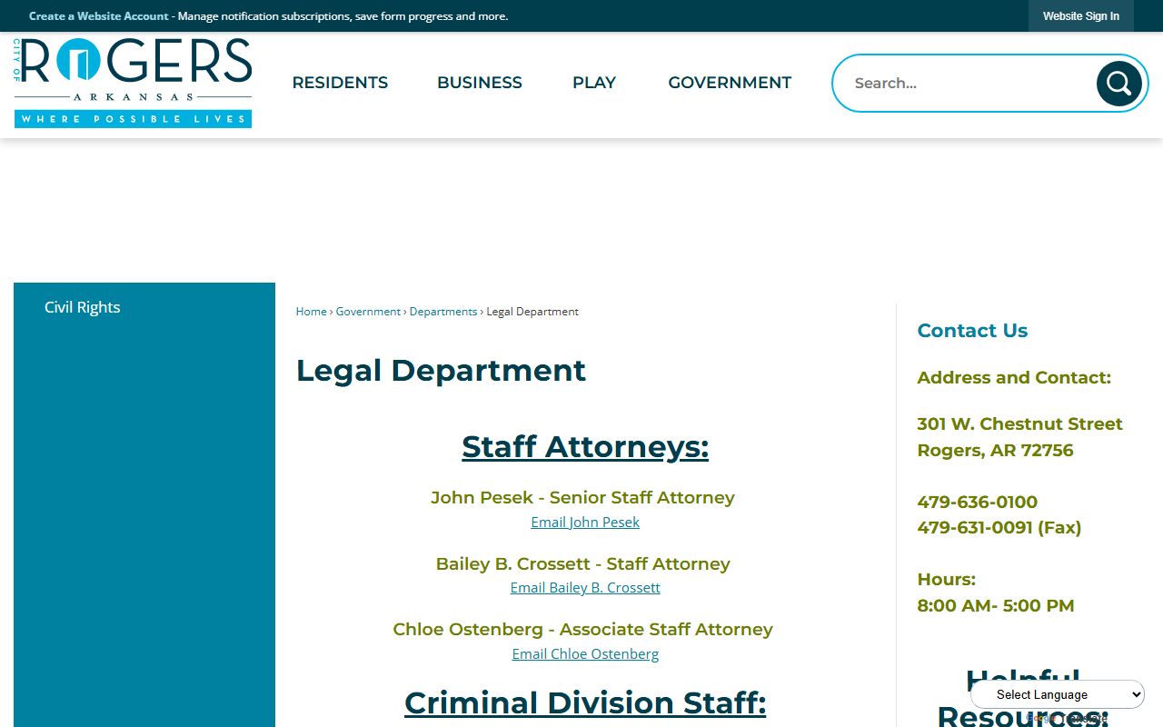 Rogers Arkansas FOIA procedures and legal department contact