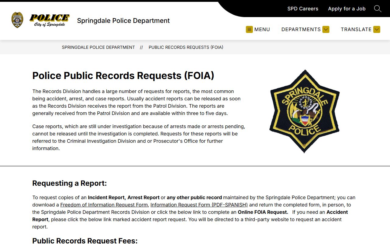 Springdale FOIA public records request procedures