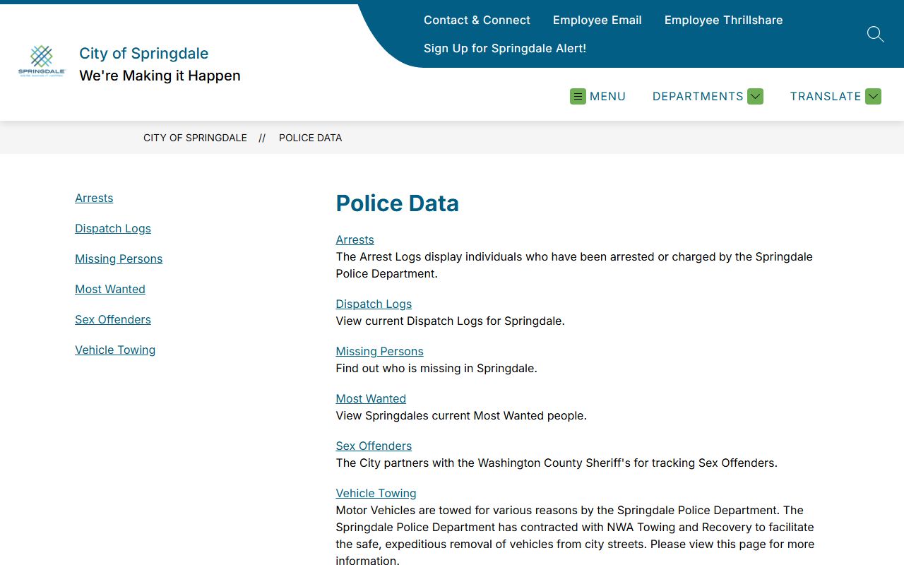 Springdale Police Department public data portal with arrest and warrant information