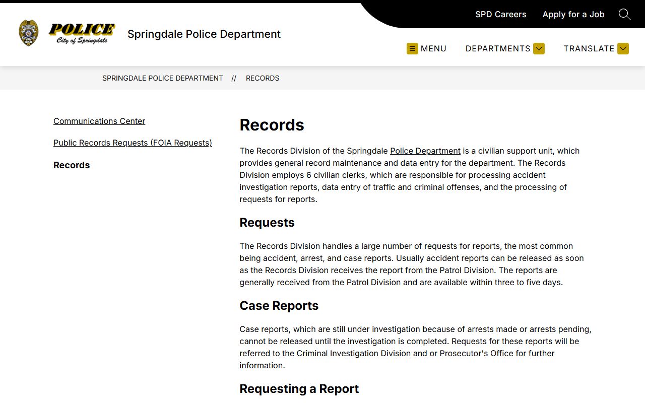 Springdale Police Department records division fees and procedures