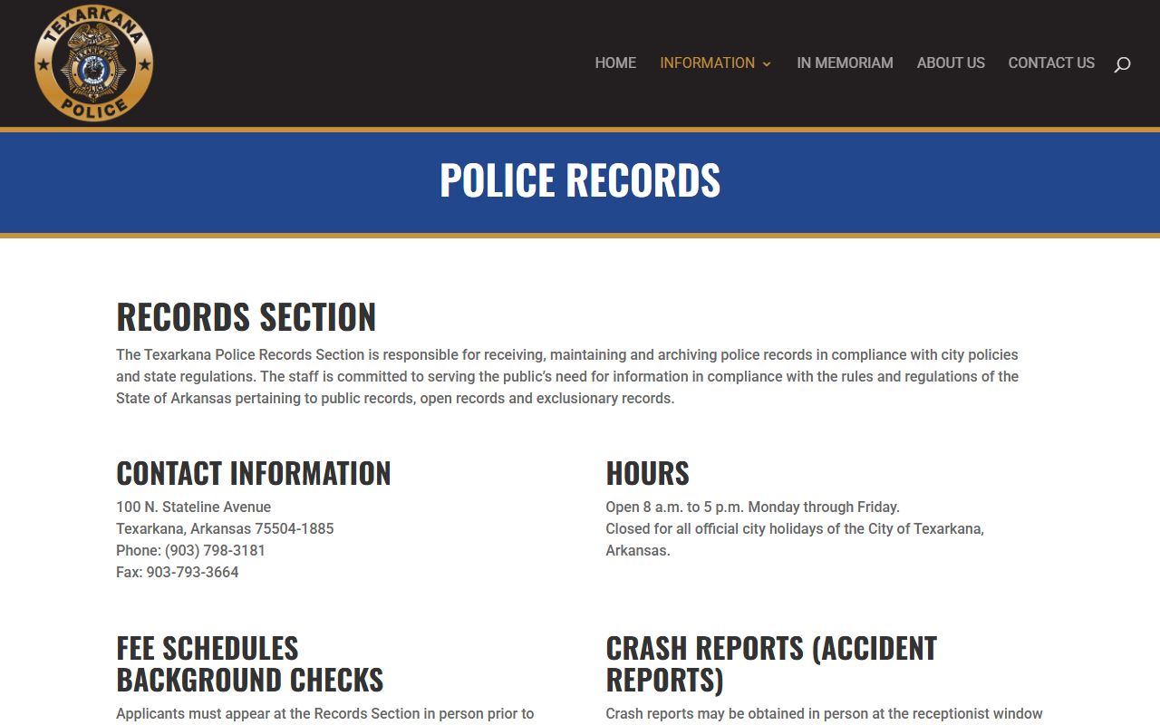 Texarkana Arkansas police records portal for arrest and incident records