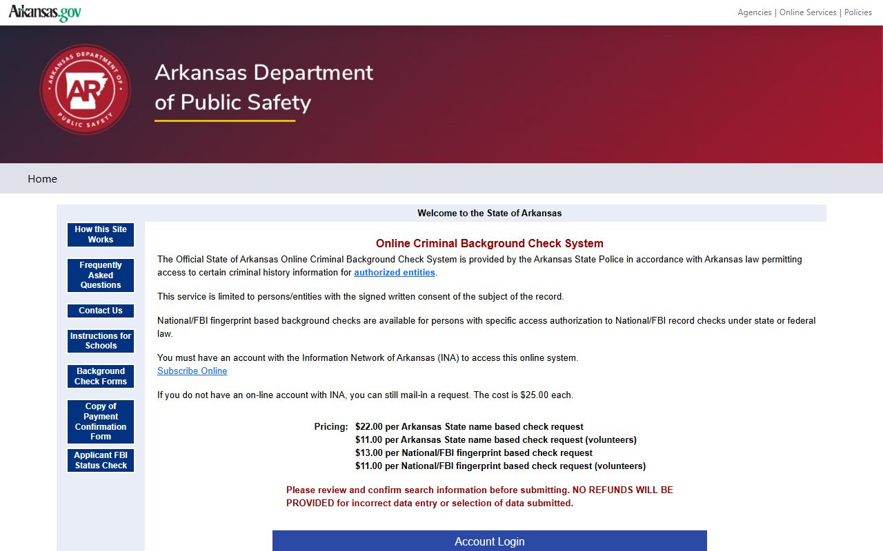 Arkansas State Police Criminal Background Check public records system